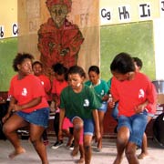 Young girls dancing in a classroom.